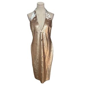 ALEXIA ADMOR Gold Silver Sequin V-Neck Halter Party Event Dress Size 8 Holiday‎